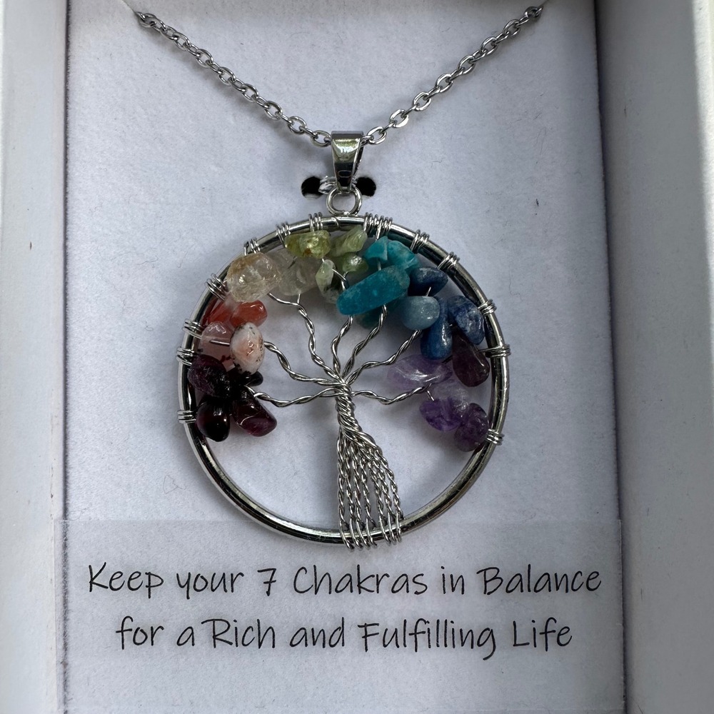 7 Chakra Tree of Life Pendant Necklace Womens Multicolor Healing Crystal Jewelry